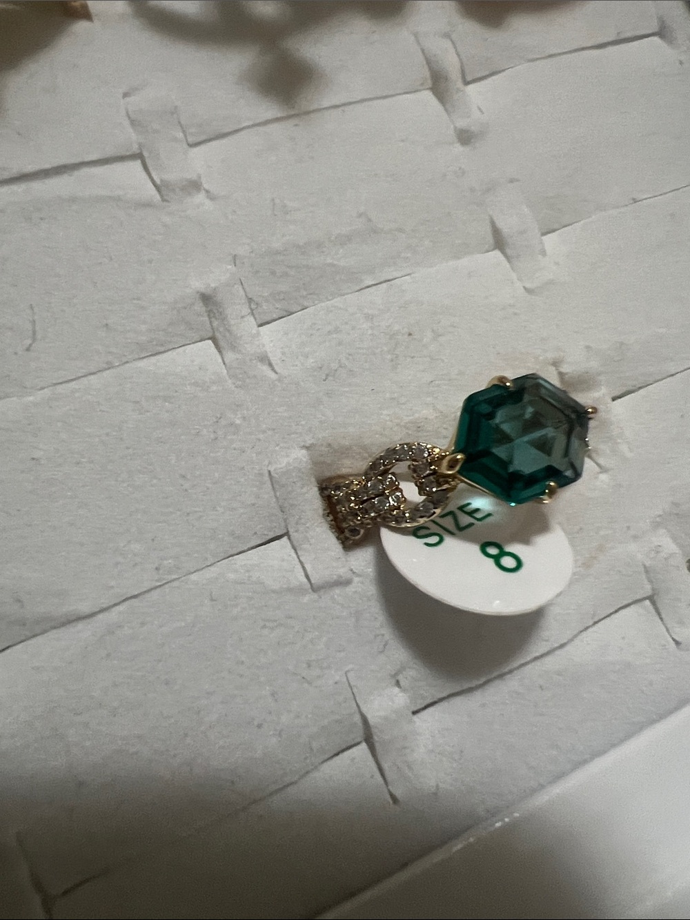 Gold-Tone Ring with Emerald Green Octagon Crystal and Pavé Accents - Size 8